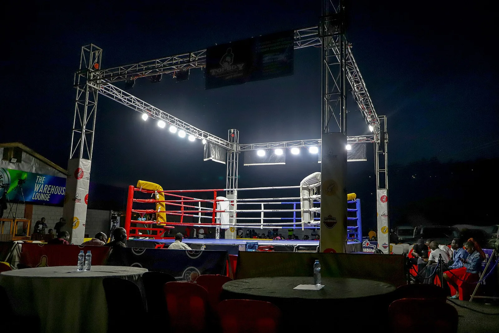 An illuminated Uganda Boxing Federation ring